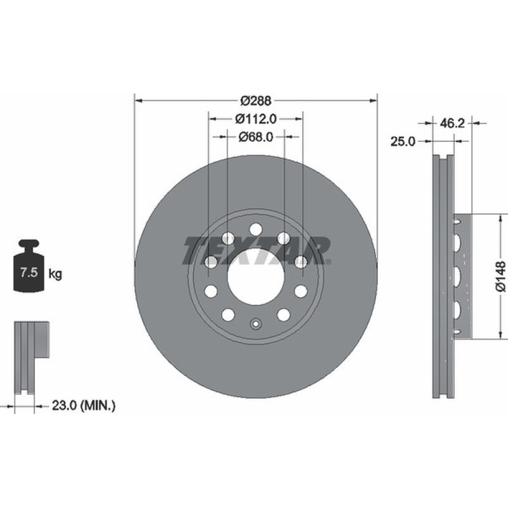 Диск гальмівний передній Skoda Superb/VW Passat 288x25 PRO+ - 92057605 TEXTAR